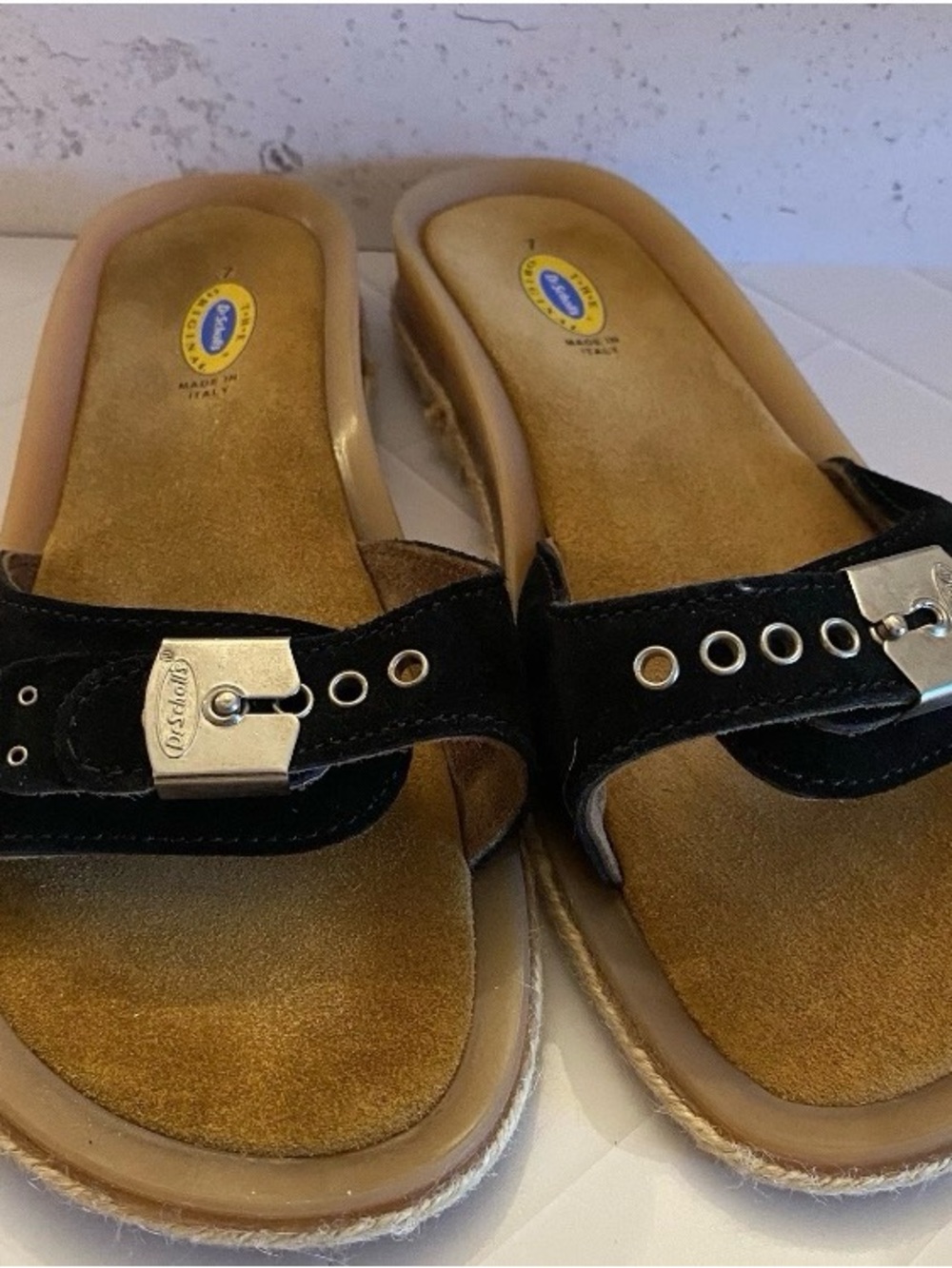 Dr. Scholl's Black and Tan Suede Buckle Slide Sandals